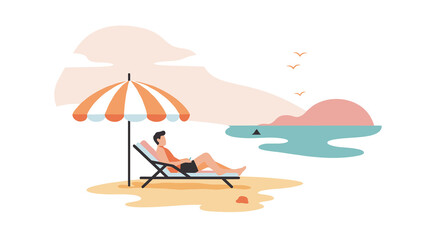 Man Relaxing Under Umbrella on Beach  
