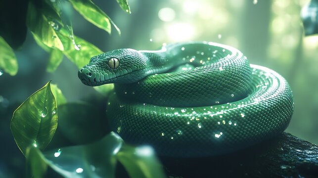 Dazzling green tree python coiled around a jungle branch emerald scales glistening under the soft rainforest light extreme macro wildlife shot