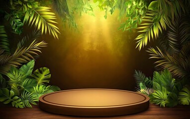 Lush Tropical Foliage Background with Wooden Podium