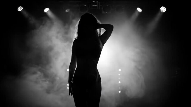 Dark Silhouette of Exotic Dancer in Smoky Studio Woman Dancing in Shadowy Atmosphere