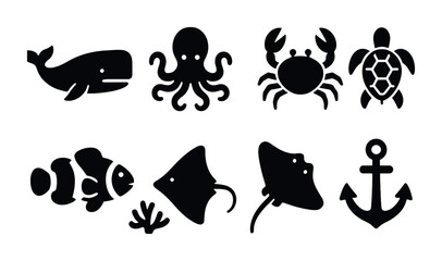 Marine life silhouette icons set &ndash; solid style ocean, sea creatures, and aquatic symbols for nautical design: whale, octopus, crab, turtle, fish, ray, anchor, coral.
