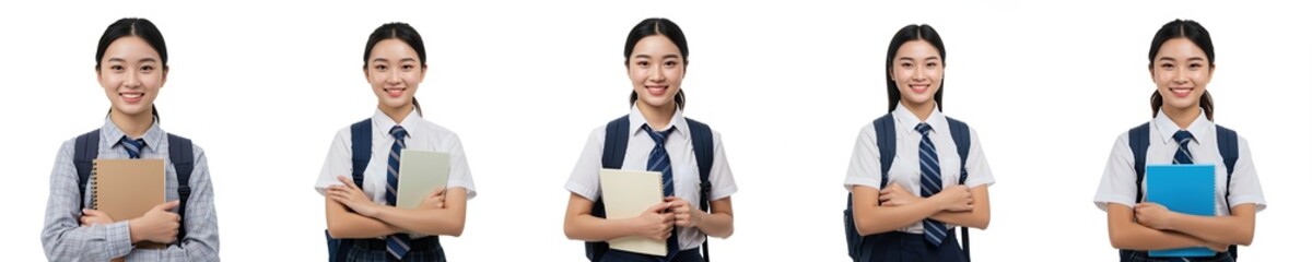 Obraz premium Asian schoolgirl with straight black hair, wearing a white shirt, navy tie, and plaid skirt, holding a blank notebook, smiling.