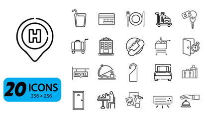 Set of 20 Hotel and Hospitality Icons, Outline Style, 256x256 Pixels