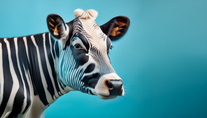 cow with zebra stripes on pastel blue background ai generative art