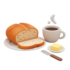 3d Illustration Stylized Bread and Coffee Breakfast Still Life with Butter