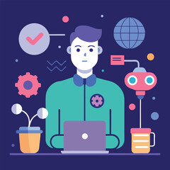 AI in business concept, A flat-style man working with AI, using tools for automation and creating content
