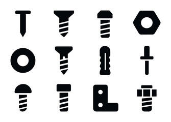 Obraz premium Construction hardware solid icons set – flat style tools, fasteners, and building elements for diy projects: nail, screw, bolt, nut, washer, dowel, anchor, hex nut.