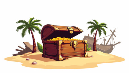 Obraz premium Treasure chest overflowing with gold on a tropical beach 