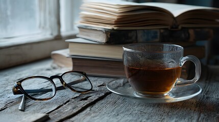  Cozy Reading Nook with Tea, Glasses, and Stack of Books