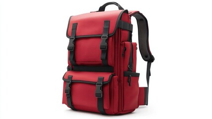 Graphic red backpack with modern digital design, padded shoulder straps, and external side pockets, isolate on white background