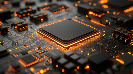 Close-up of illuminated semiconductor chips on a circuit board symbolizing precision innovation and the foundation of modern technology in advanced semiconductor manufacturing processes

