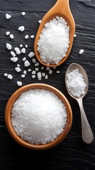 Wooden Bowl Spoon White Sea Salt Grains Crystals