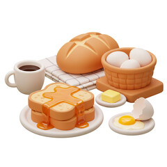 3d Illustration Breakfast Still Life with Toast Bread Eggs and Coffee Cartoon Style