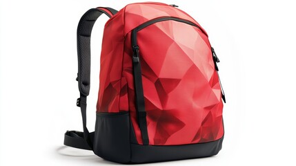 Red backpack with artistic geometric graphic design, ergonomic back support, and adjustable straps, isolate on white background