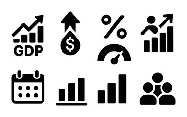 Business growth and analytics solid icons set – filled style for financial success, data analysis, and performance tracking: gdp, profit increase, percent, speedometer, team, bar chart.