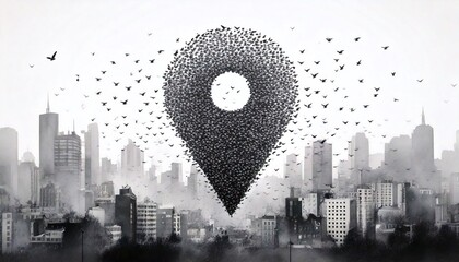 Starlings in murmurs forming a tall, loose shape of a locator icon over a hazy, fuzzy cityscape in the foreground on a blank white background in a simple watercolor style with lots of open space
