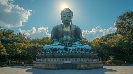 Fototapeta premium Serene giant bronze statue of a seated Buddha against blue sky with fluffy clouds, peaceful expression, symbolic monument