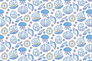 Seamless pattern with marine linear icons on a soft background. Light, playful, and perfect for summer packaging, textiles, or beach-themed projects.