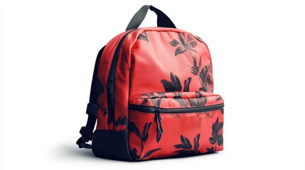 Red backpack with contemporary graphic artwork, ergonomic straps, and water-resistant material, isolate on white background