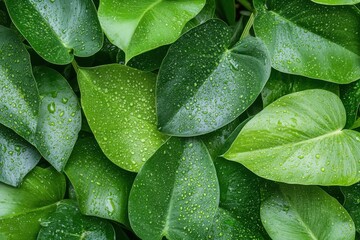 Obraz premium Lush green leaves glistening with raindrops after a refreshing rain shower in a tropical garden setting