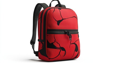 Red backpack with urban-inspired abstract graphics, ergonomic design, and large main compartment, isolate on white background