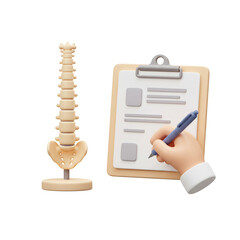 3d Illustration Analyzing Spine Model with Medical Record on Clipboard for Healthcare Use