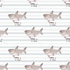 undersea seamless pattern with cartoon sharks. Colorful illustration flat for kids. hand drawing. baby design for fabric, print, wrapper, textile