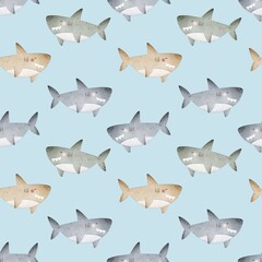  undersea seamless pattern with cartoon sharks. Colorful illustration flat for kids. hand drawing. baby design for fabric, print, wrapper, textile