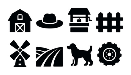 Rural and farming icon set – solid style agriculture, countryside, and farming symbols for land management: barn, hat, well, fence, windmill, field, dog, tractor wheel.