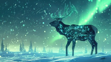 A photo of a fantasy deer, a fusion of an elk and digital data, antlers made of glowing circuit patterns. 