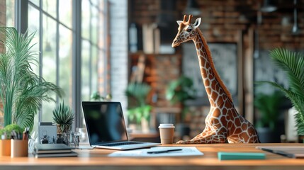 At a desk in a sleek, modern office, a giraffe is engaged in computer work, with an assortment of plants nearby and sunlight streaming in