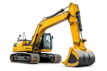 Yellow hydraulic excavator stands ready for construction work on isolated white background