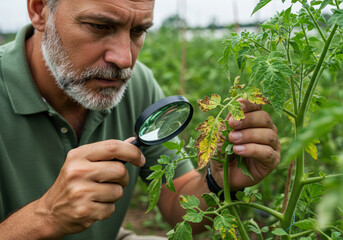 Agricultural expert examining tomato plants for signs of disease with magnifying glass