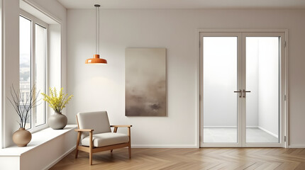 Serene modern living room design featuring a comfortable armchair orange pendant lamp and French