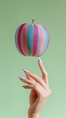 An apple made out of striped blue, pink, and white silk fabric in the shape of a sphere, floating above a feminine hand with long nails.