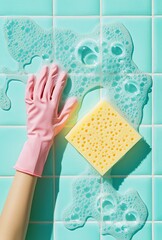 A person cleaning bathroom tiles with pink gloves and a yellow sponge, with bubbles on the wall in a light blue pastel background.