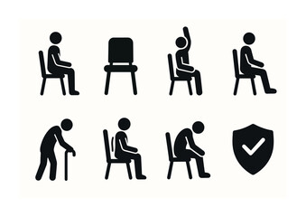 Fototapeta premium Ergonomic chair usage icons – silhouette style illustrations for office safety and posture: sitting, chair, stretching, elderly, walking stick, shield, checkmark