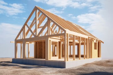 Wooden Frame House Construction, Sunny Day, Architecture , Building