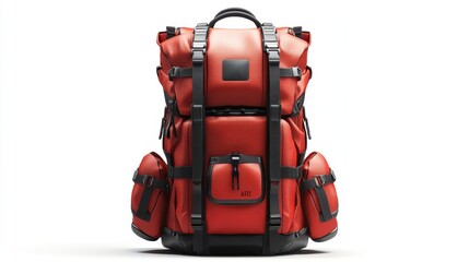 Fototapeta premium Bold graphic red backpack with futuristic design, ergonomic back support, and multiple external pockets, isolate on white background