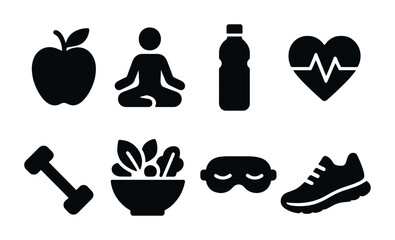 Fitness and wellness icon set – solid style health, lifestyle, and exercise symbols for well-being apps: apple, yoga, water bottle, heart rate, dumbbell, salad bowl, sleep mask, sneaker.