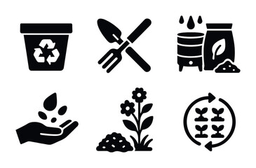 Eco-friendly gardening icon set – solid style for sustainable farming, recycling, and permaculture designs: recycle bin, tools, compost bin, seeds, plants, crop rotation.