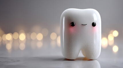 Cute 3D shiny white tooth with a cheerful smile on a bright minimalistic background symbolizing dental health happiness cleanliness and care with space on the side for copy or branding

