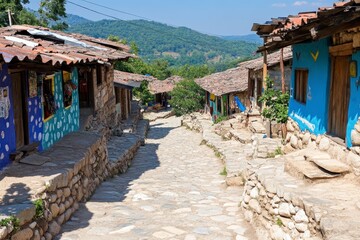 Obraz premium Sunlit Stone Street and Colorful Houses in a Hillside Village
