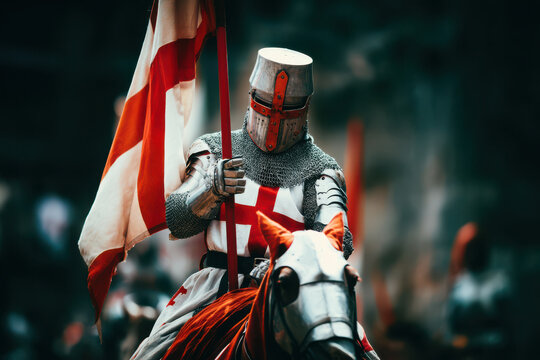 Knight in armor with St George flag riding white horse on St George&rsquo;s Day