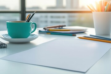 Morning workspace with coffee, blank papers, and colorful writing tools in a stylish office setting