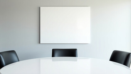 minimalist modern conference room, large blank white rectangular screen or board mounted on light wall. large round white conference table