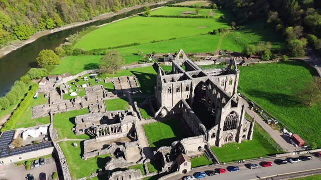 Roofless cathedral Tintern Abbey from above as b-roll