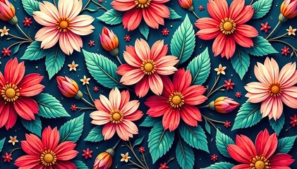 Intricate floral design, repeating seamlessly , graphics, surface pattern, art