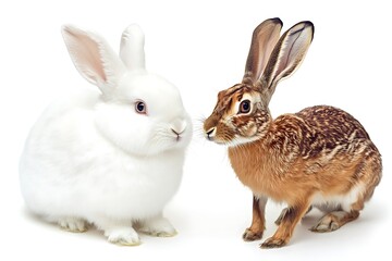 Fototapeta premium A fluffy white rabbit on the left, a wild brown hare on the right, crisp fur texture, white background.