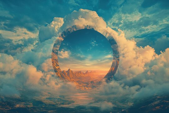Circular rainbow portal amidst clouds and mountains